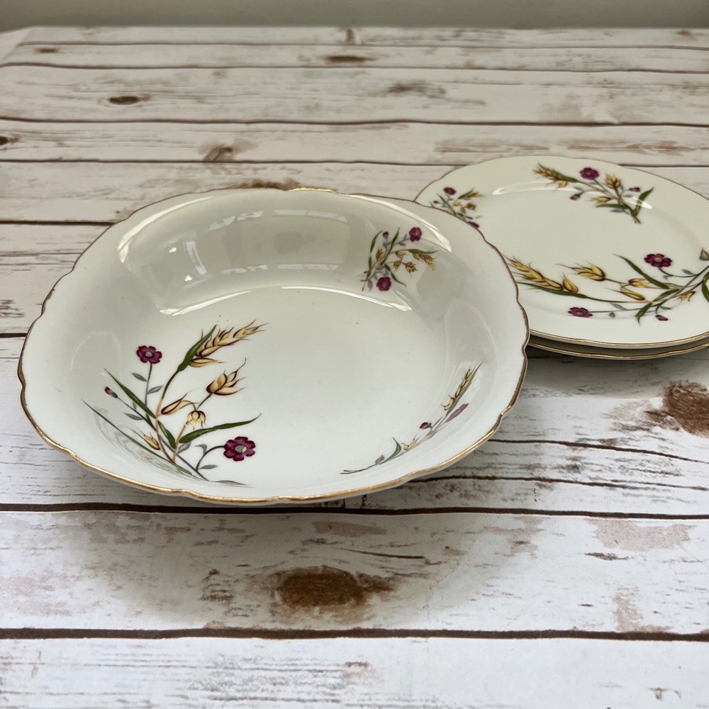 Yamaka‎ China Bowl and Plate Set White Gold Wheat Floral Japan MCM 3pc Set
